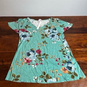 CASLON Women's Floral V-Neck Blouse Mint Green Short‎ Sleeve Size M